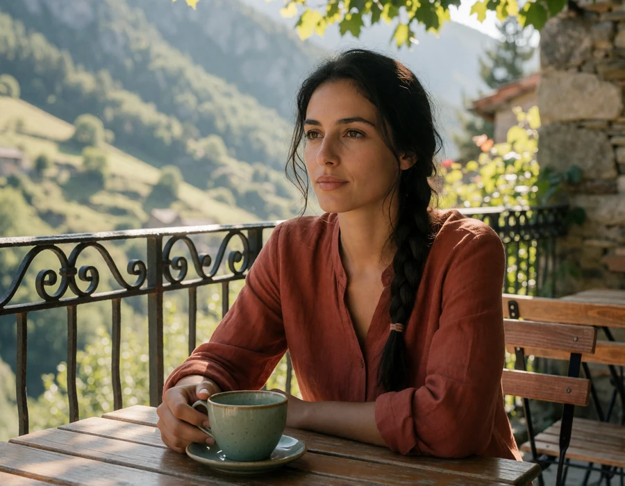 Andorran woman at a stone cafe terrace in a Pyrenean village overlooking green mountain slopes, illustrating everyday Andorran life