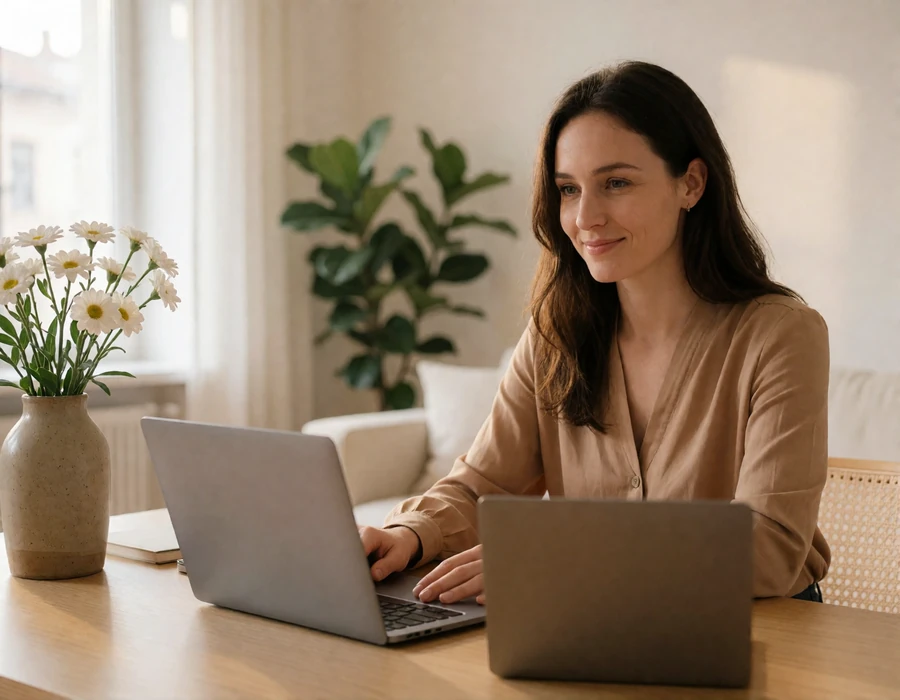 European woman at a home desk during a scheduled transatlantic video call with her match