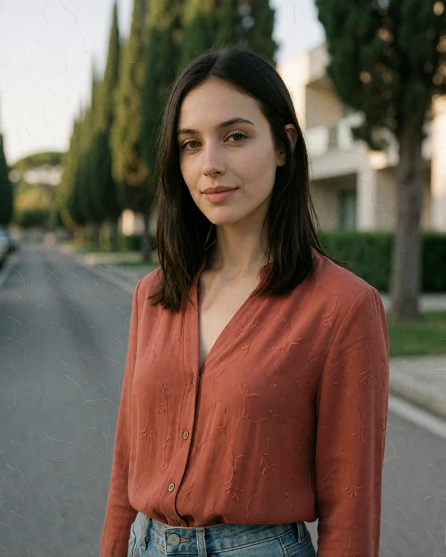 Young San Marinese woman in a rust blouse on a quiet tree-lined street in Serravalle, San Marino