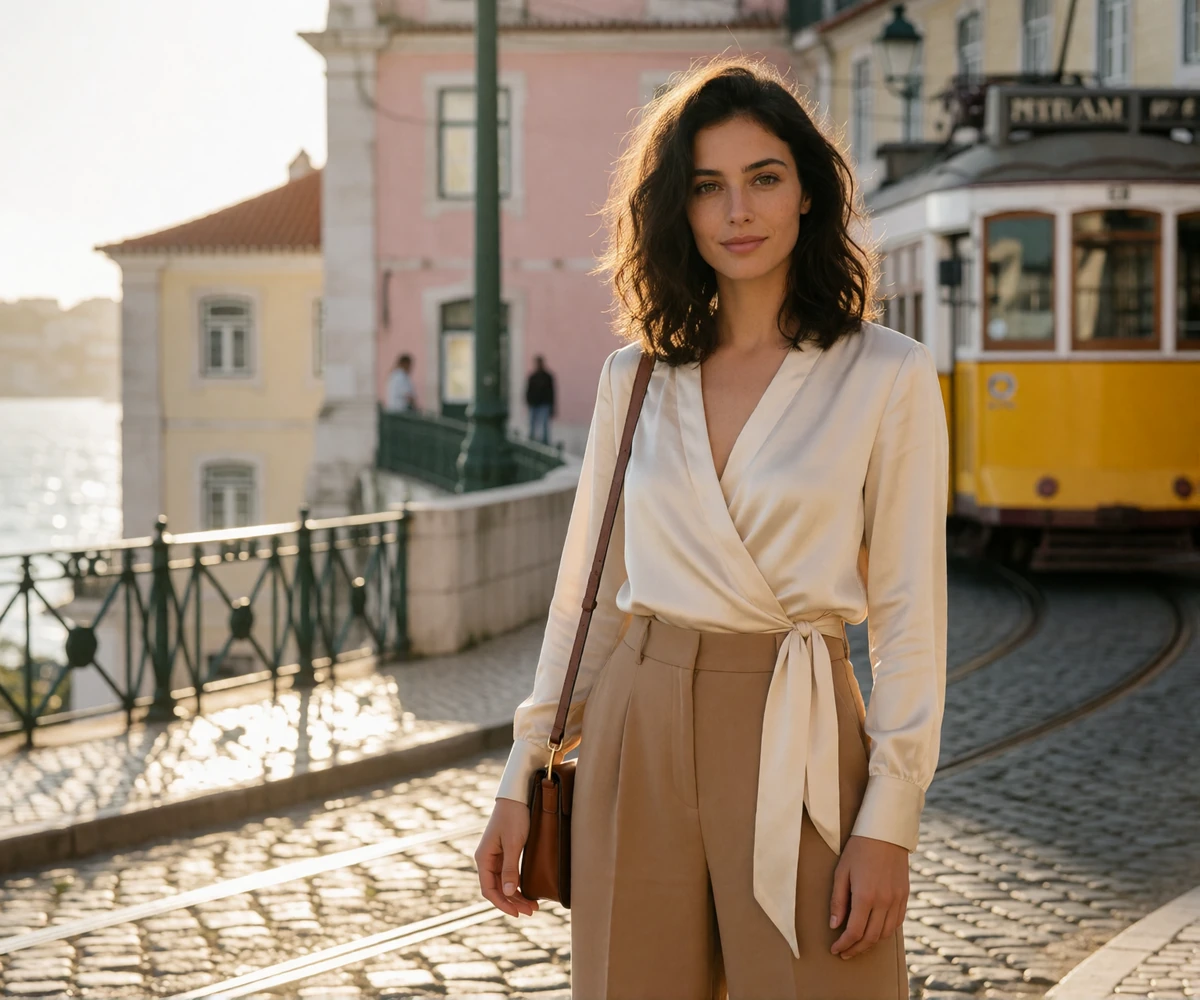 Elegant Portuguese woman on a Lisbon riverside street at golden hour, representing European dating members