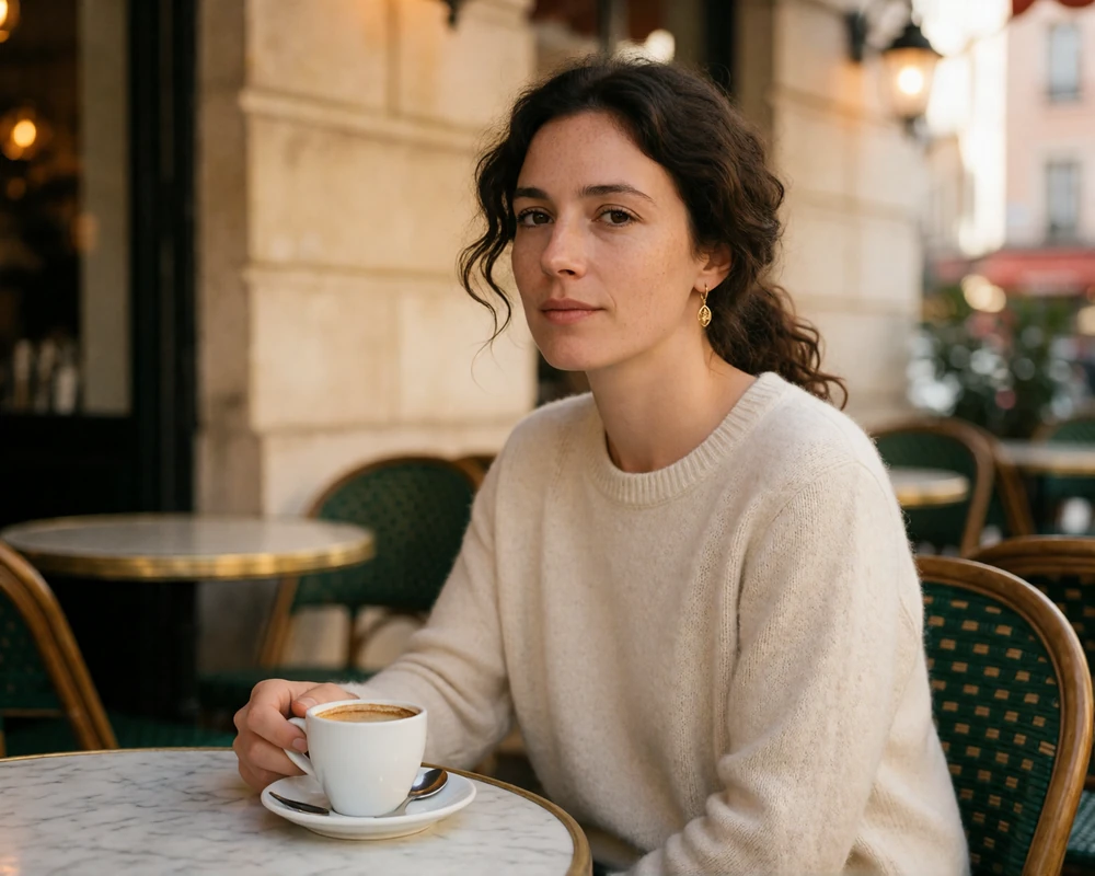 French woman in an ivory sweater seated at a neighborhood cafe terrace in Lyon, representing verified French dating members