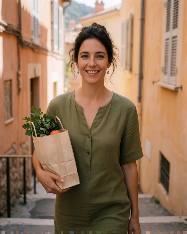Woman in an olive linen dress on a stepped street near the La Condamine market in Monaco, representing verified members in the Condamine district