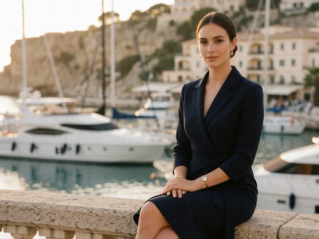 Elegant woman above a Mediterranean marina, representing European microstate dating categories