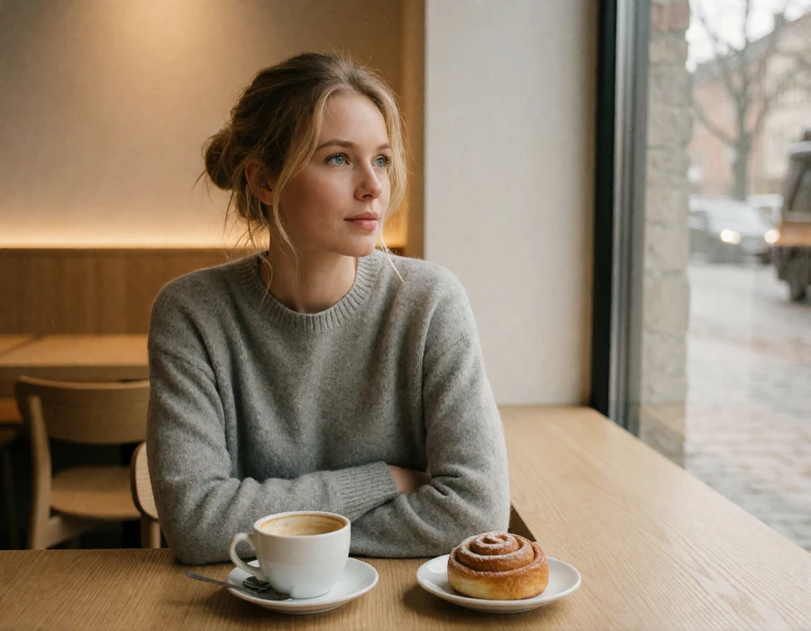 Swedish woman with coffee and a cinnamon bun at a minimalist Stockholm cafe window, illustrating the understated fika pace of Swedish dating