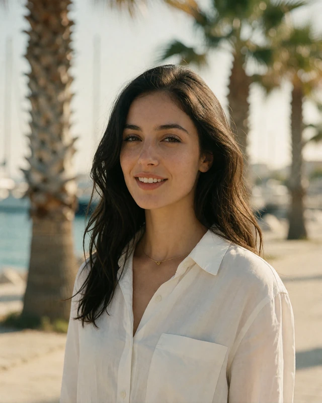 Cypriot woman in a white shirt on the Limassol seafront promenade with the marina behind her