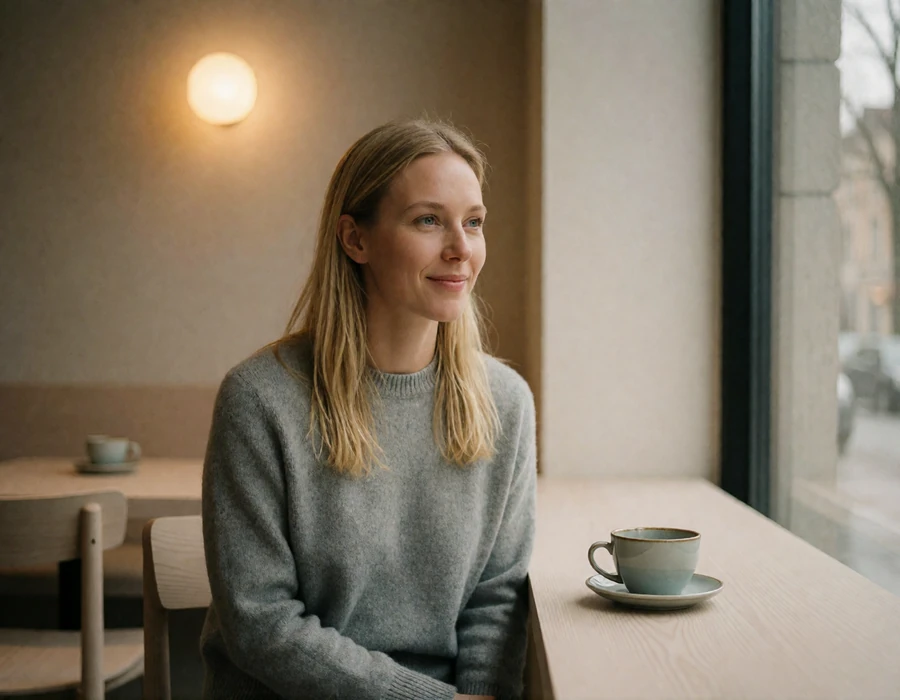 Norwegian woman in a grey sweater at a window seat in a minimalist Oslo cafe, illustrating low-pressure Norwegian dating culture