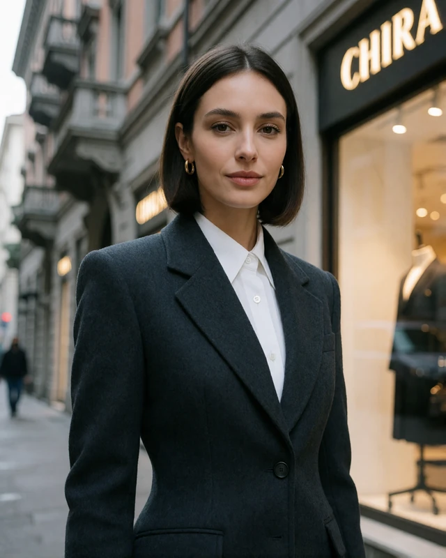 Italian woman in a charcoal blazer on an elegant Milan street, representing verified members in northern Italy