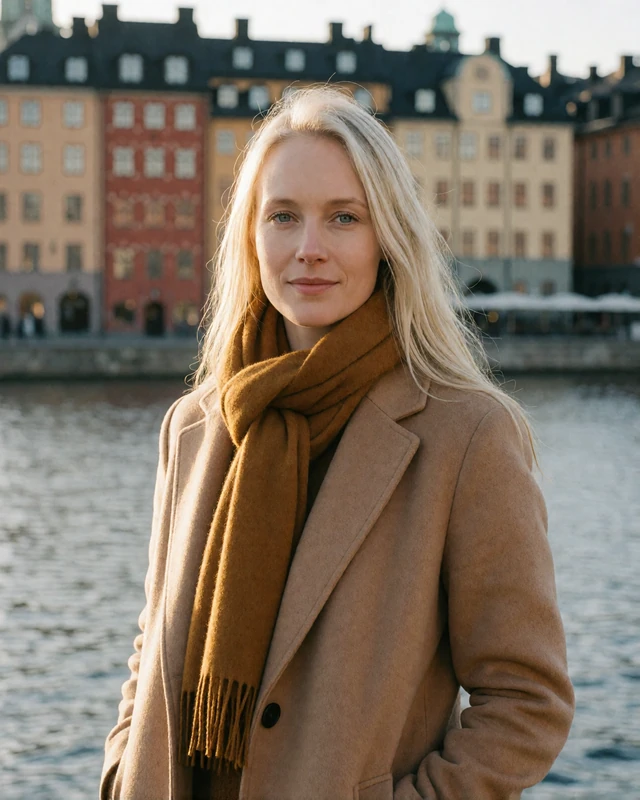 Swedish woman in a camel coat on a Stockholm waterfront, representing verified Swedish members