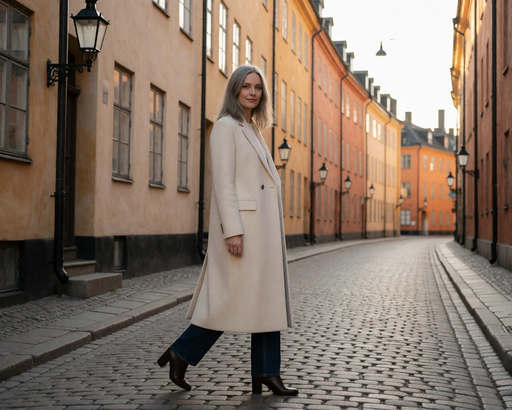 Elegant Swedish woman in a cream wool coat walking a cobbled street in central Stockholm, representing verified Swedish dating members