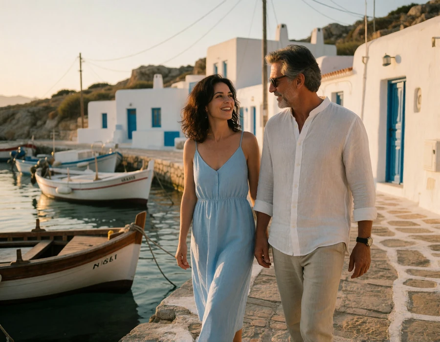 Couple walking along a stone harbor wall in a small Greek fishing village, illustrating a Greek-American relationship journey