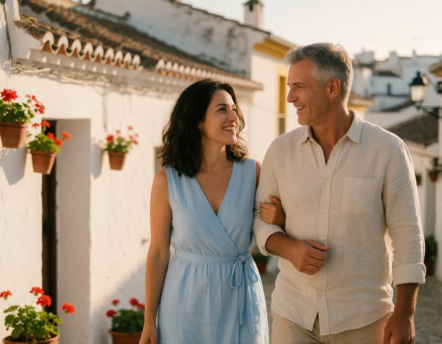 American man and his Spanish partner walking arm in arm through a sunlit whitewashed old-town street in Spain