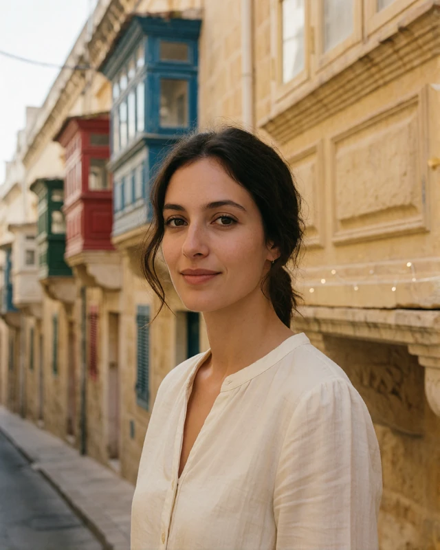 Maltese woman in a cream blouse on a Valletta street with traditional painted balconies, representing verified members in the capital
