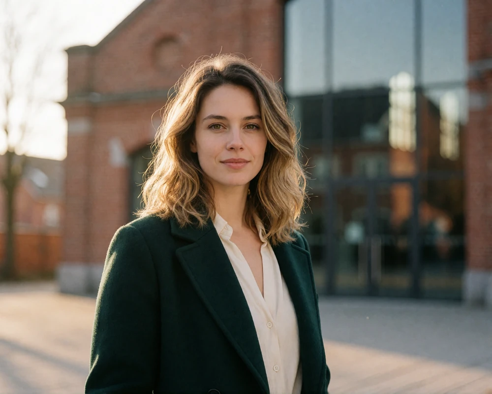 Woman from Luxembourg in a green wool coat outside a cultural venue in Esch-sur-Alzette, representing verified Luxembourg dating members