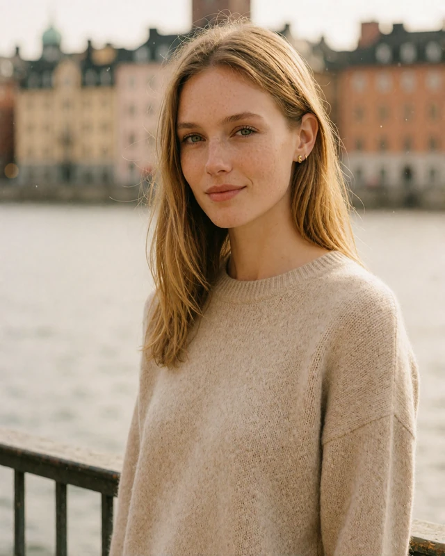 Swedish woman in an oatmeal knit sweater on the Stockholm waterfront, an example of a verified Swedish dating profile