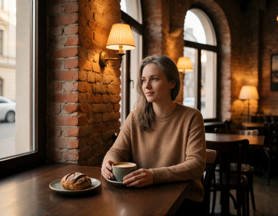 Latvian woman with a coffee cup by the window of a warm Riga cafe, illustrating everyday Baltic city life and Latvian dating culture