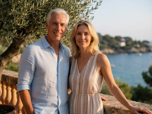 Couple on a sunlit villa terrace overlooking a Mediterranean bay during a first European visit