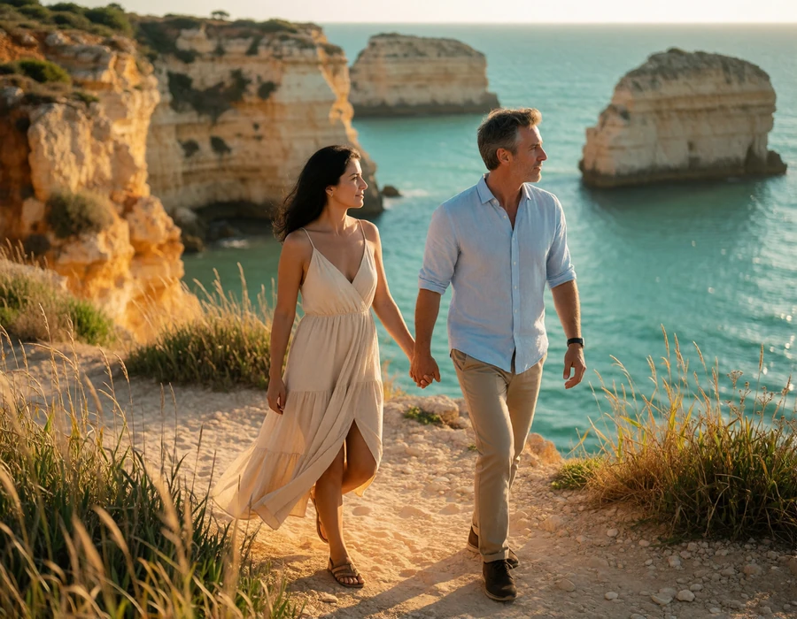 American man and his Portuguese partner walking a golden clifftop path above the Atlantic in the Algarve, illustrating a Portuguese-American relationship