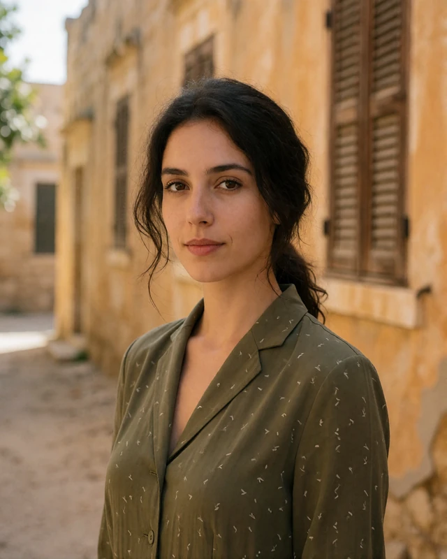 Cypriot woman in an olive blouse on a sandstone street in the old walled city of Nicosia