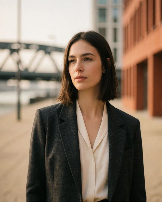 Dutch woman in a charcoal blazer on a modern Rotterdam street, representing verified members in the Randstad