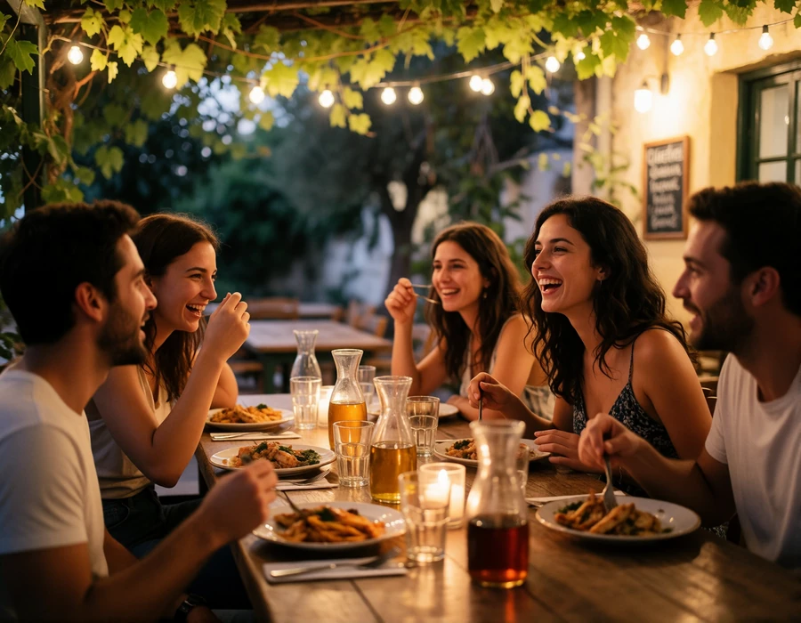 Greek woman laughing with friends around a taverna table in Athens, illustrating the role of parea in Greek dating culture