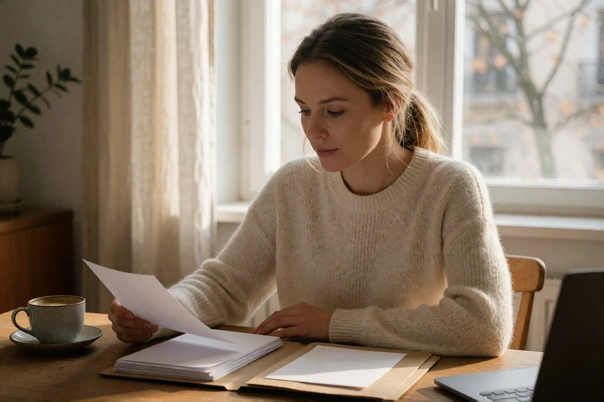 European woman organizing printed travel documents and an appointment folder at her home desk