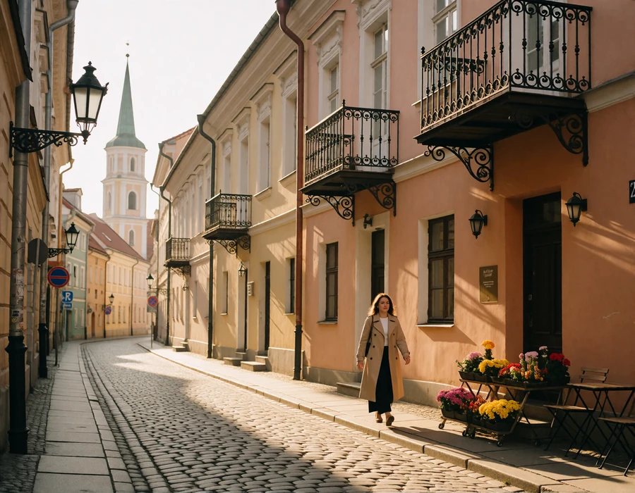 Woman walking a cobblestone street in Vilnius old town past pastel baroque facades, showing everyday Lithuanian city life