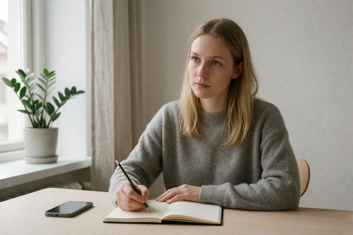 Northern European woman writing in a notebook beside her phone while studying English at a bright apartment desk
