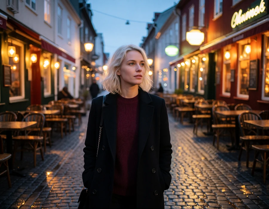 Icelandic woman walking a lamplit central Reykjavik street at blue hour, illustrating the informal social setting of Icelandic dating culture