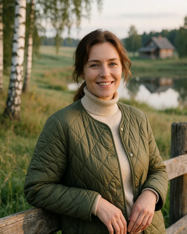 Latvian woman in an olive jacket by a wooden fence in the Latgale countryside near Daugavpils, representing verified members in eastern Latvia