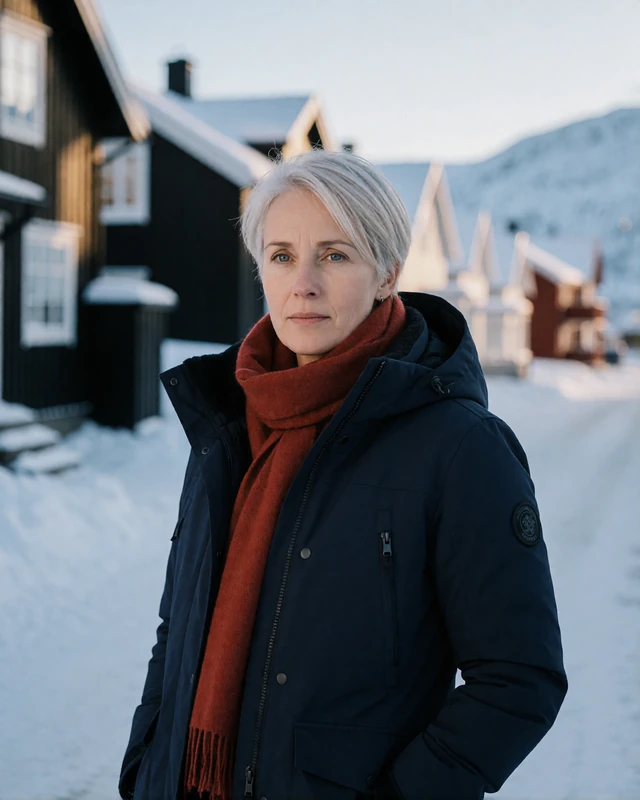 Norwegian woman in a navy parka on a snowy Tromso street with mountains behind, representing verified members in Northern Norway