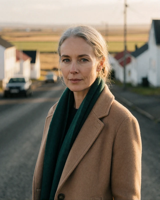 Icelandic woman in a camel coat on a quiet street in the southern town of Selfoss, representing verified members in rural Iceland