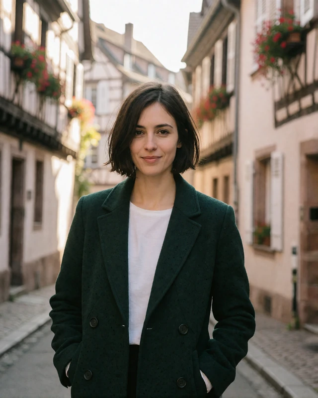 French woman in a green wool coat on a half-timbered street in Strasbourg, representing verified members in eastern France
