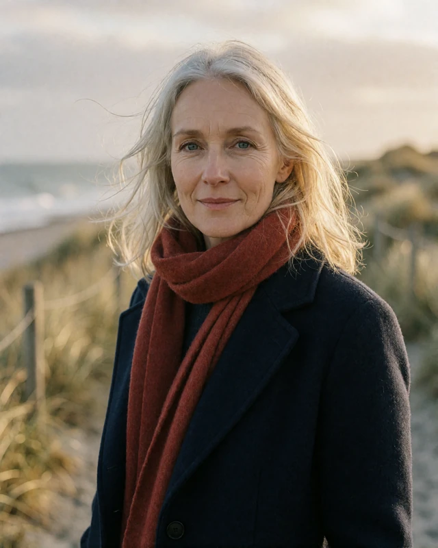 Danish woman in a navy coat on a windswept North Jutland coastal path near Aalborg, an example of a verified Danish member profile