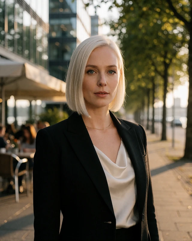 German woman in a black blazer on a boulevard near the Rhine in Dusseldorf, representing verified members in western Germany