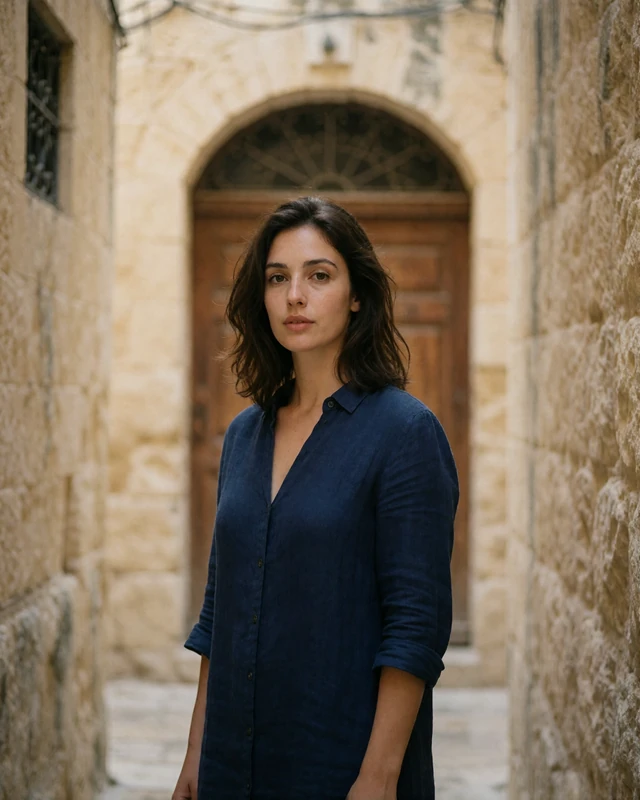 Maltese woman in a navy linen dress in a quiet stone alley of the walled city of Mdina, representing verified members in central Malta