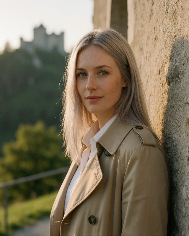 Woman in a beige trench coat beside a stone chapel wall in Balzers, representing verified members in the southern principality