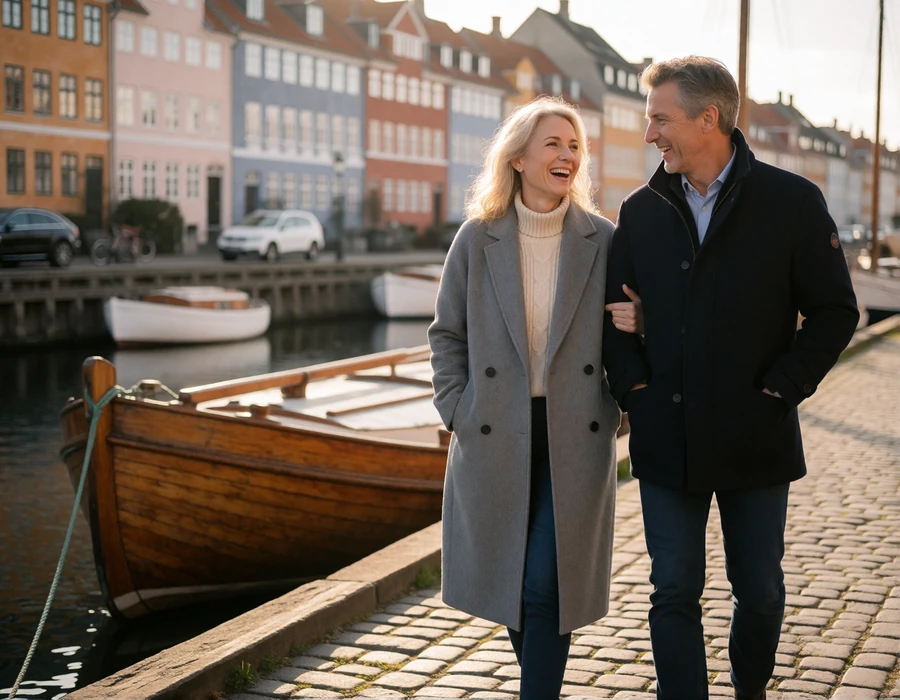American man and his Danish partner walking together along a Copenhagen canal, illustrating a Danish-American relationship journey