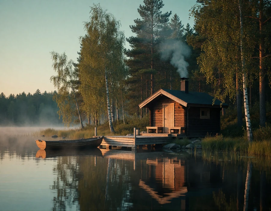 Traditional Finnish lakeside sauna cabin and wooden jetty at dusk, illustrating everyday Finnish social life