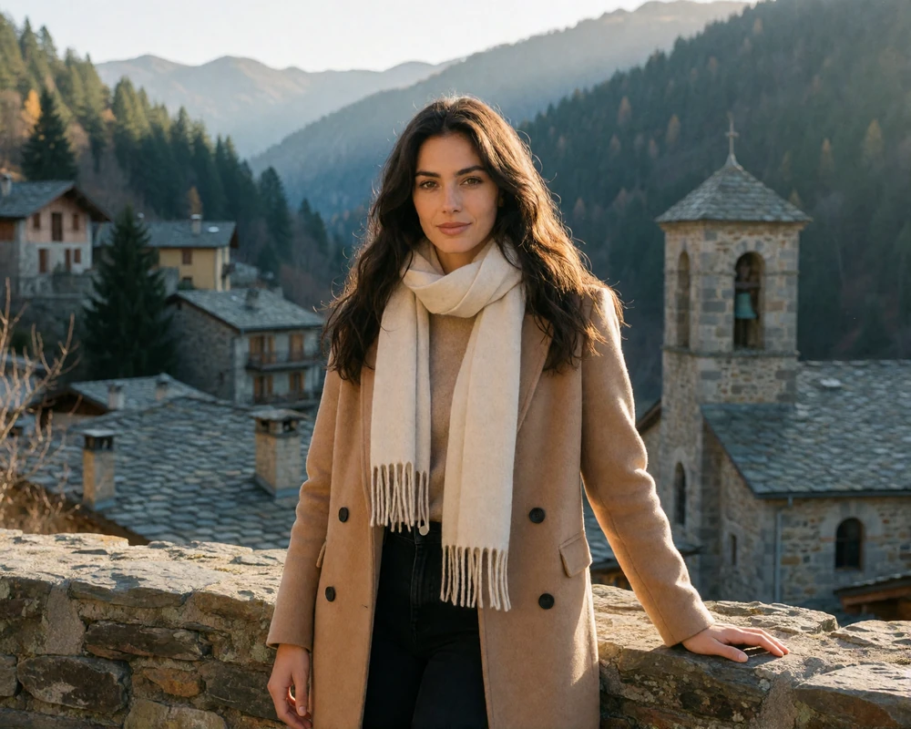 Andorran woman in a camel coat at a Pyrenean overlook above a valley town, representing verified Andorra dating members