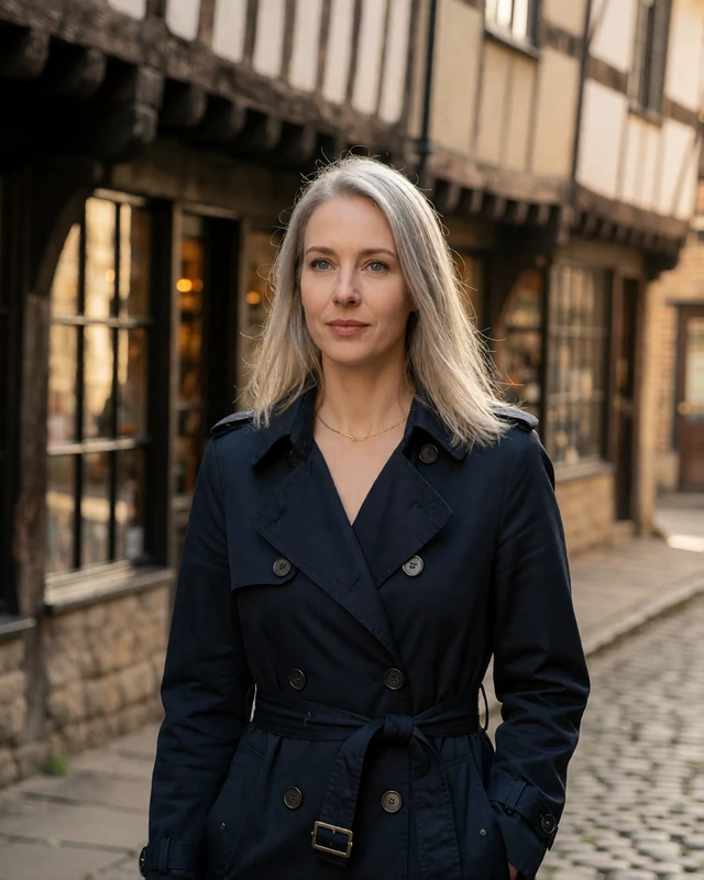 British woman in a navy trench coat on a cobbled lane in York, representing verified members in northern England