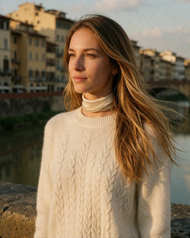 Italian woman in an ivory knit sweater on a Florence bridge above the Arno, representing verified members in Tuscany