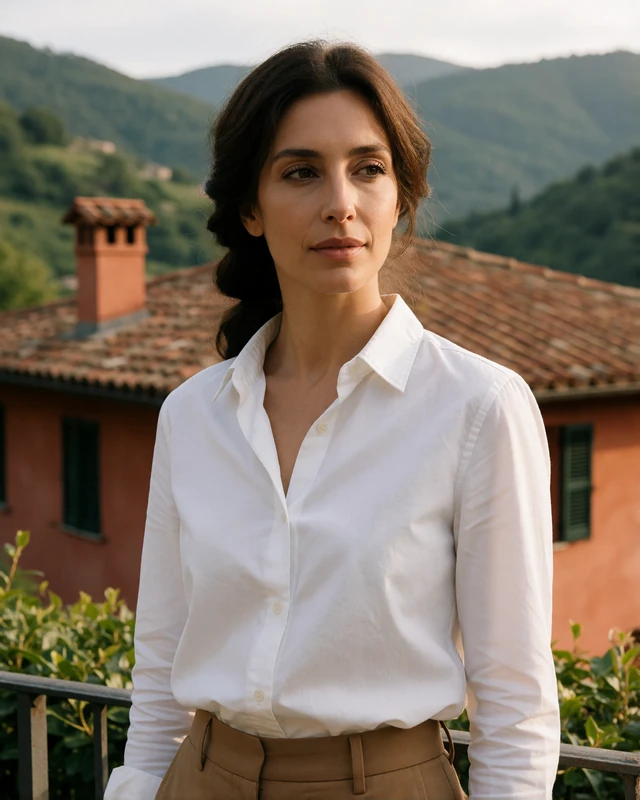 San Marinese woman in a white shirt standing beside terracotta rooftops in Borgo Maggiore with Apennine hills behind