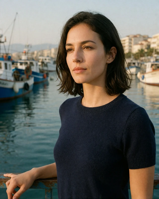 Greek woman in a navy knit top beside the harbor in Patras, representing verified members in the Peloponnese