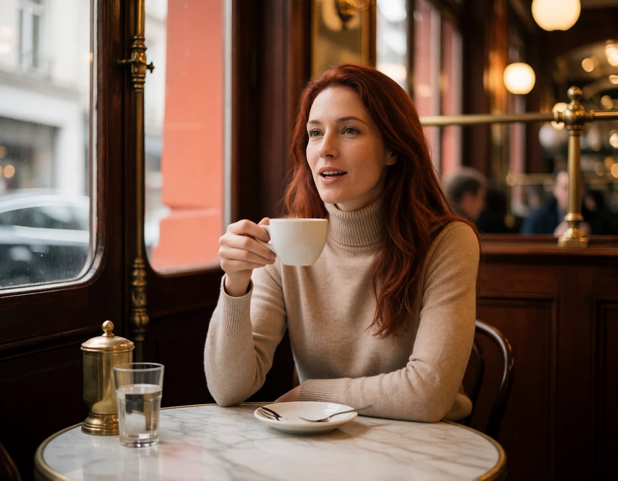 Belgian woman in conversation at a marble table inside a traditional Brussels brasserie, illustrating multilingual dating culture