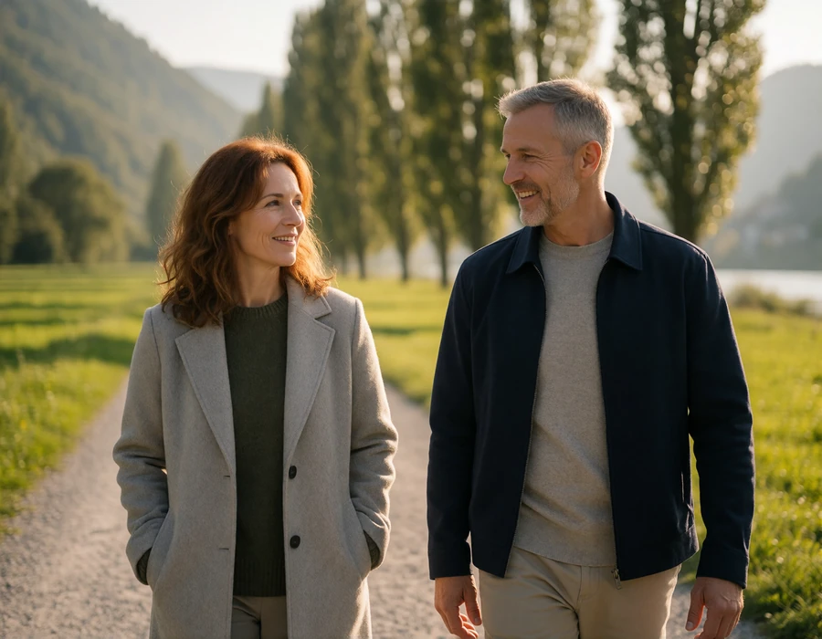 Mature couple walking a quiet Rhine valley path in Liechtenstein, illustrating the arc of a cross-border relationship