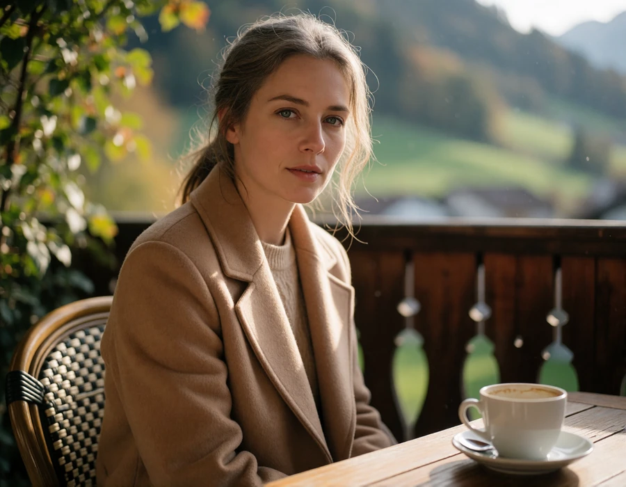 Woman in a camel coat at a quiet alpine village cafe terrace in Liechtenstein, illustrating discreet first-date settings