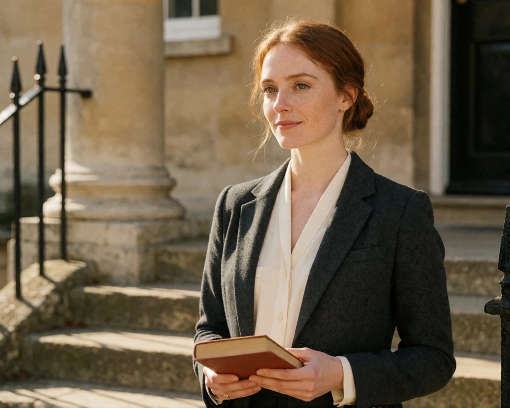Elegant British woman in a charcoal blazer outside a historic literary venue in Bath, representing British dating members