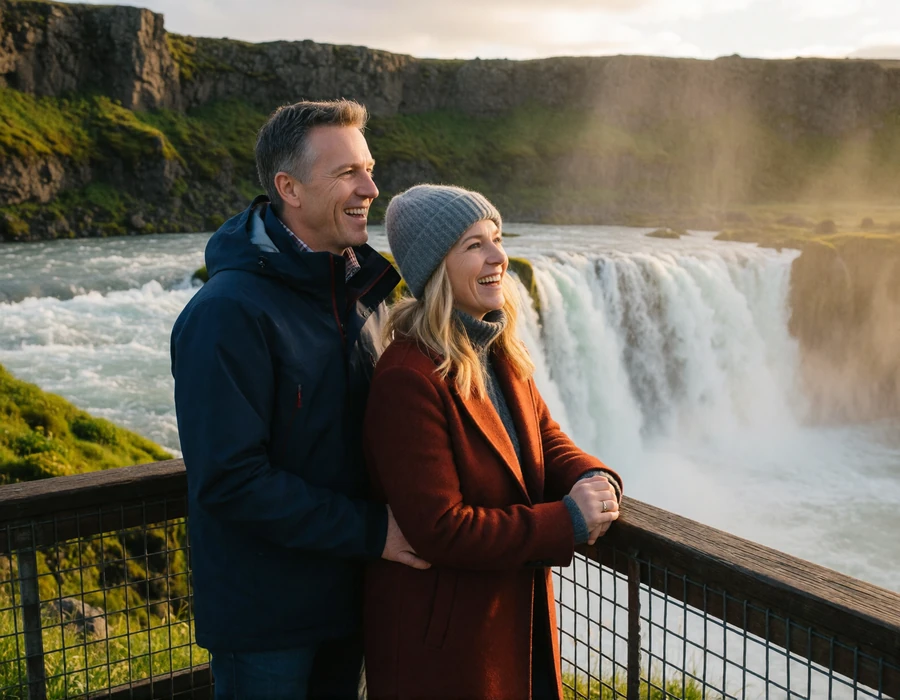 American man and his Icelandic partner laughing together at a misty waterfall viewpoint in Iceland, illustrating a cross-border relationship journey