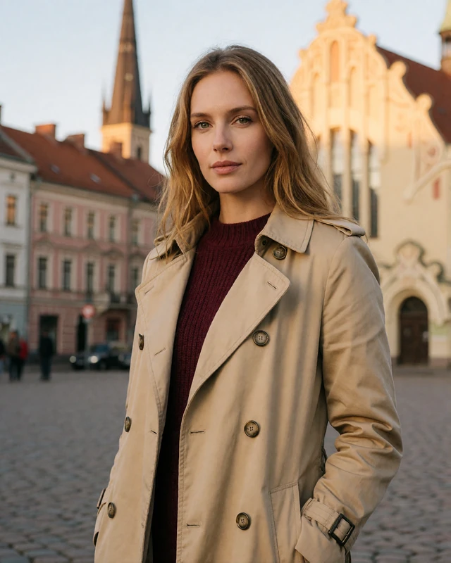 Latvian woman in a trench coat in Riga old town, representing verified Baltic members on MeetEurope