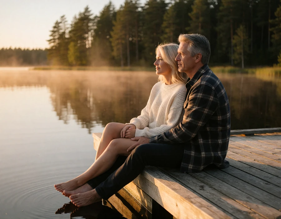 American man and his Finnish partner sitting together on a lakeside dock at golden hour in Finland